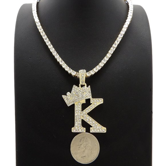 Initial Letter "K" Pendant Tennis Chain Necklace - Picture 1 of 10